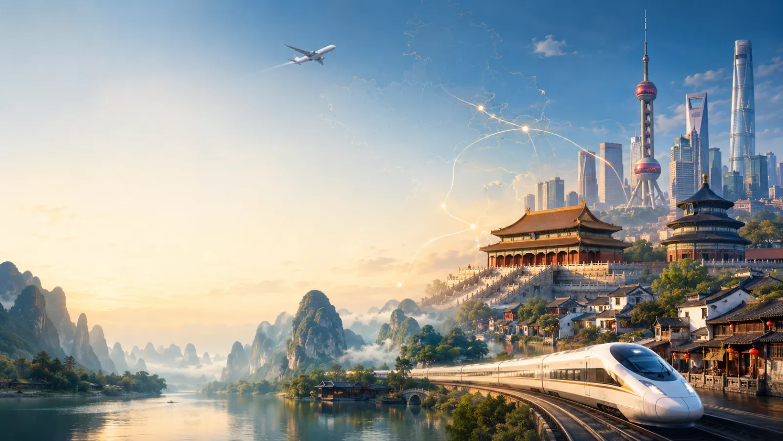China itinerary planning with city skyline and travel route