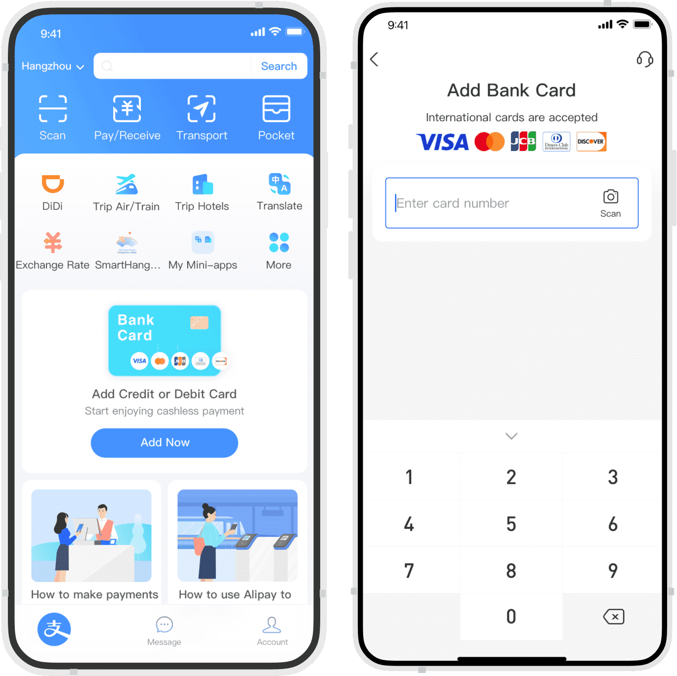 Add international bank card in Alipay