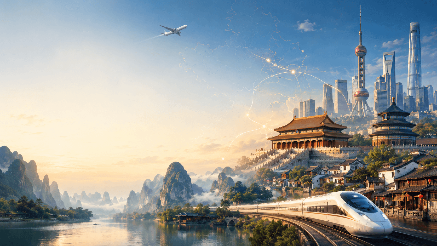China itinerary planning with city skyline and travel route