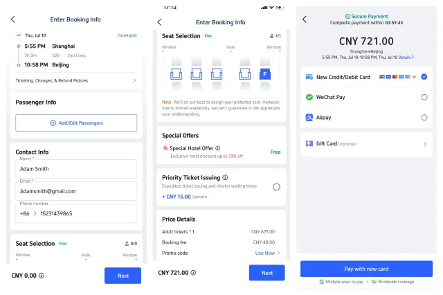 Select train and pay on Trip.com